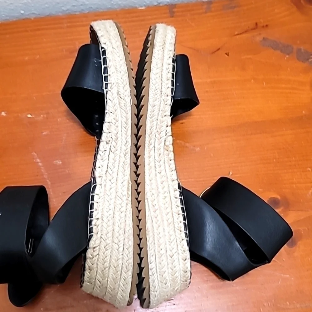 Zara Woman Black Leather Ankle Strap Espadrille‎ Sandals Size 38 Platform Jute